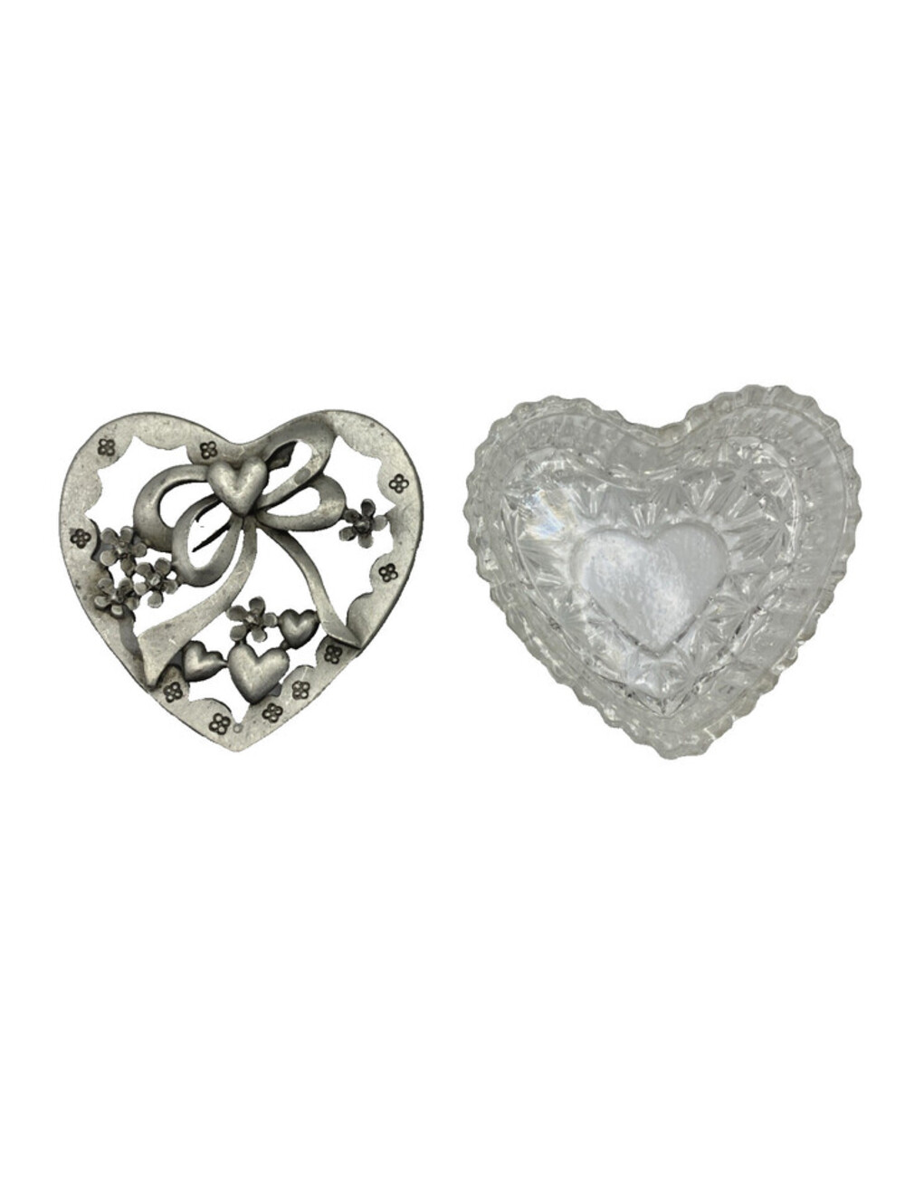Vintage Spoontiques Pewter Heart Trinket Box Crystal Glass Jewelry Box